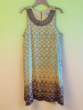 Madison Leigh Size 14 Medium Woman's Yellow Green Brown Beaded Boho Hippie Dress